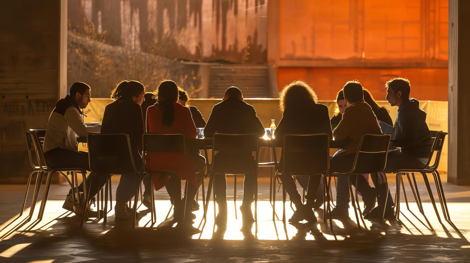 Participants seated around a table in discussion during an indoor meeting.