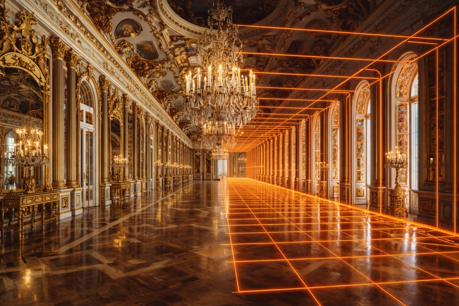 Palace gallery with chandeliers and a digital grid overlay indicating spatial analysis.